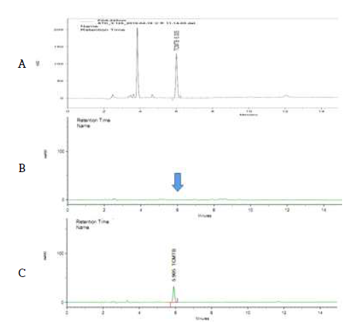 감자 중 대상농약 TCMTB의 GLC/ECD 분석 chromatogram (A: blank, B: STD, C: Potato sample)