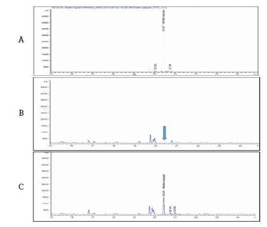 고추 중 대상농약 nitrothal-isopropyl의 GLC/ECD 분석 chromatogram (A: blank, B: STD, C: Pepper sample)