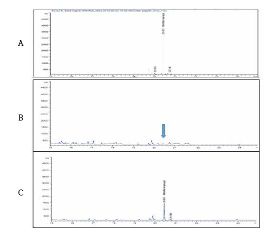 감자 중 대상농약 nitrothal-isopropyl의 GLC/ECD 분석 chromatogram (A: blank, B: STD, C: Potato sample)