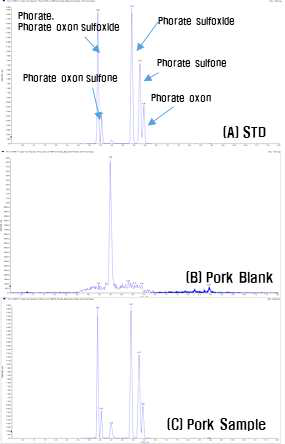 돼지고기 중 Phorate 와 대사체의 standard, blank, recovery 크로마토그램