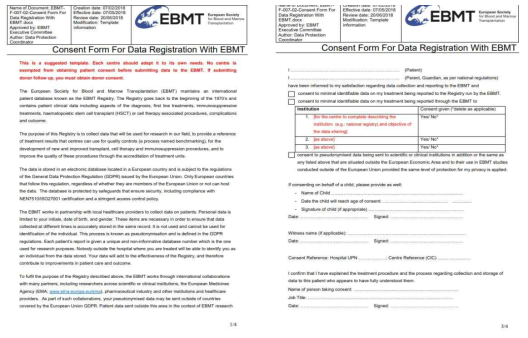 유럽조혈모세포이식학회(EBMT)의 데이터 등록을 위한 동의서 Form