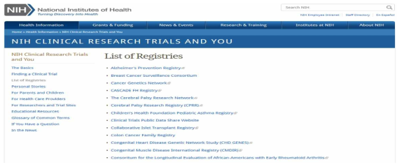 NIH 웹사이트에서 제공하는 환자 레지스트리 목록 (출처: https://www.nih.gov/health-information/nih-clinical-research-trials-you)