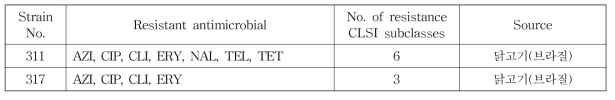 수입 축산물에서 분리한 Campylobacter spp.의 항생제내성 패턴