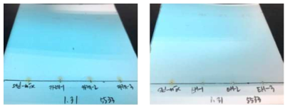 이동상 용매 클로로포름 : 메탄올(47 : 3, v/v) (왼쪽부터 표준물질, 카레, 소스, Merck.5533 365 nm)