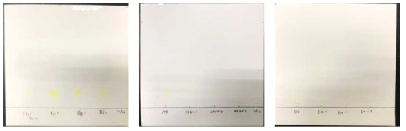 왼쪽부터 표준물질, 카레, 소스 정성 시험 결과(Merck.5559)