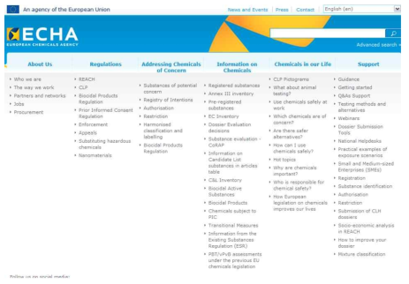 ECHA 사이트 하위 메뉴와 목적