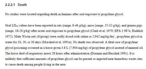 ATSDR 물질 정보 예: 프로필렌 글리콜의 독성 수치
