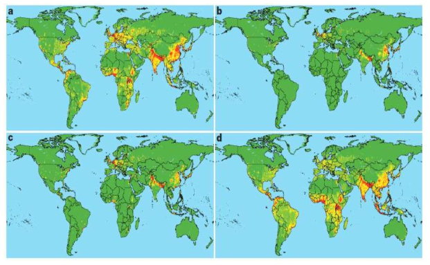 신종 감염질환 발생의 상대적 위험(relative risk) 세계 분포 (녹색: 낮음; 적색: 높음; a, zoonotic pathogens from wildlife; b, zoonotic pathogens from non-wildlife; c, drug-resistant pathogens; d, vector-borne pathogens)