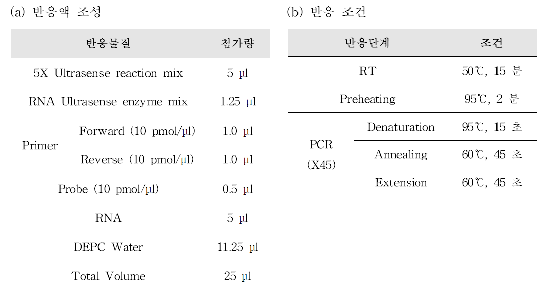 MNV Real time RT-PCR 반응액 조성(a) 및 반응 조건(b)