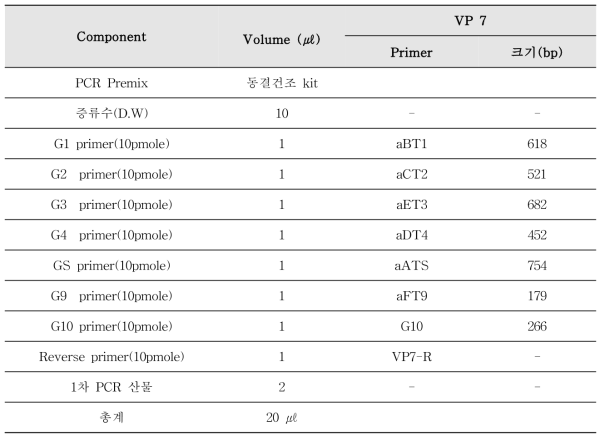 로타바이러스 Semi-nested PCR 반응액 조성