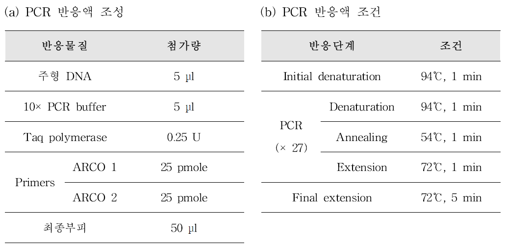 Arcobacter genus-specific PCR 반응액 조성(a) 및 PCR 반응 조건