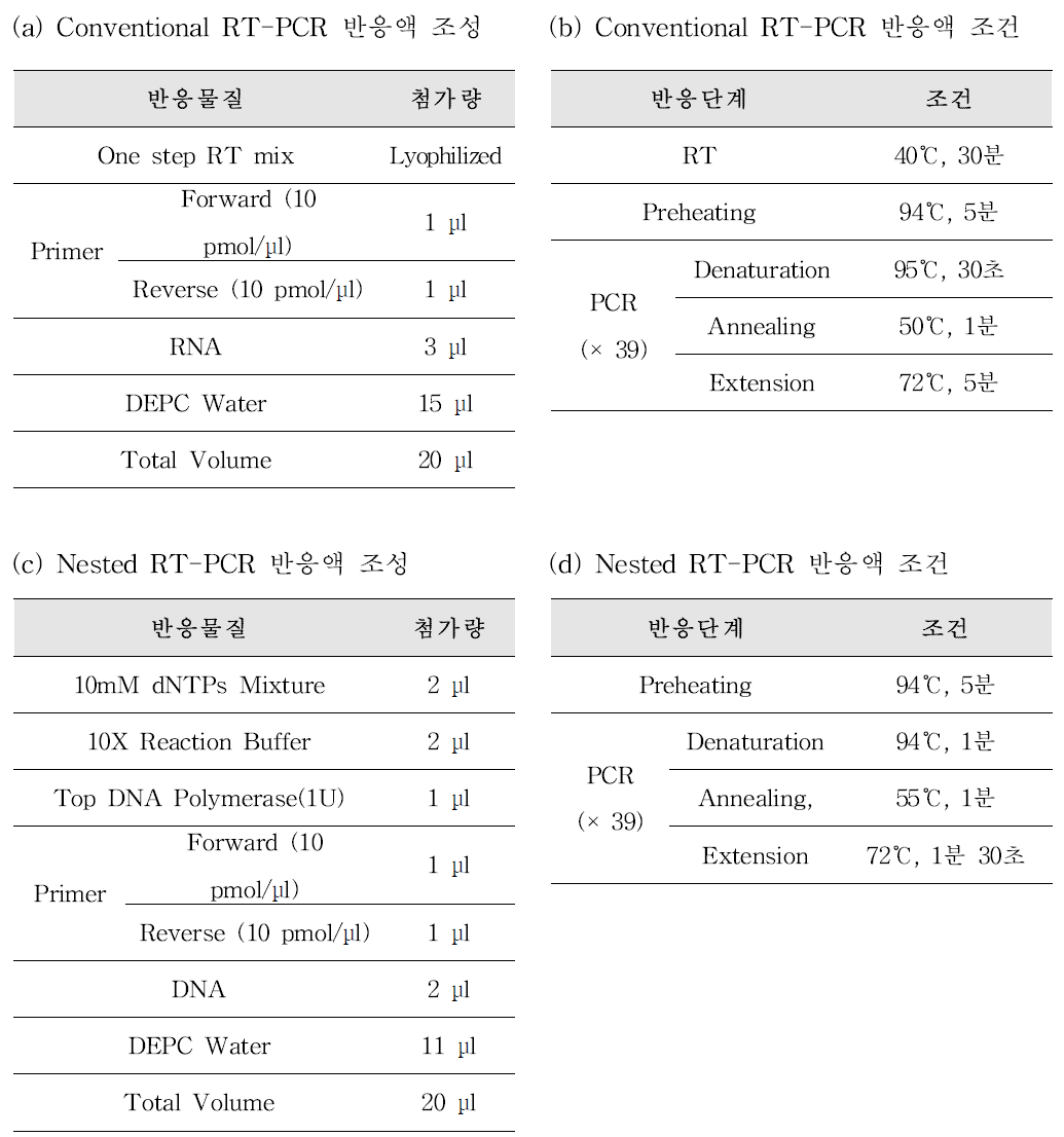 Enterovirus Nested RT-PCR 반응액 조성(a) 및 PCR 반응 조건(b)