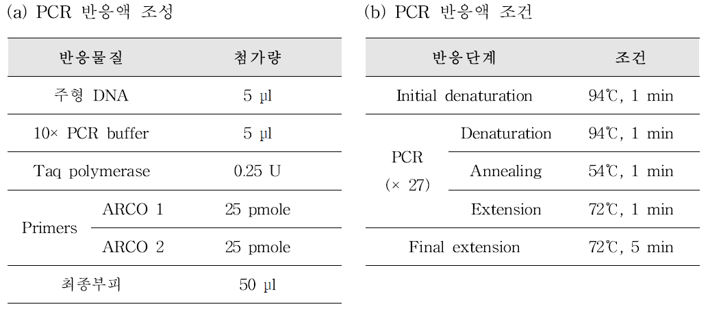 Arcobacter genus-specific PCR 반응액 조성(a) 및 PCR 반응 조건