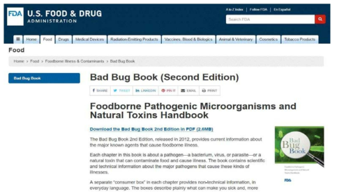 미국 Food and Drug Administration (FDA) 미생물 위해정보 제공 페이지