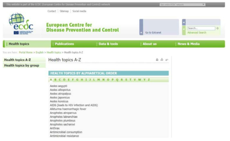 유럽연합 European Centre for Disease Prevention and Control (ECDC)의 질병 관련 정보 제공 웹페이지