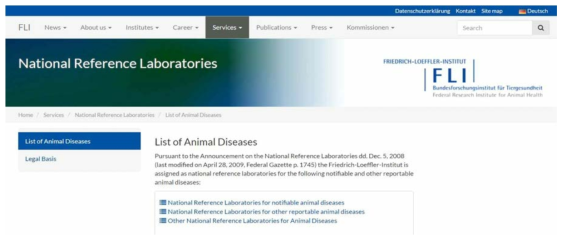독일 Friedrich Loeffler Institute (FLI)의 동물질병 관련 정보 제공 웹페이지