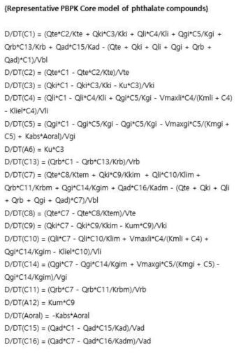 기 확립된 프탈레이트류 PBPK core 모델 미분방정식 코딩