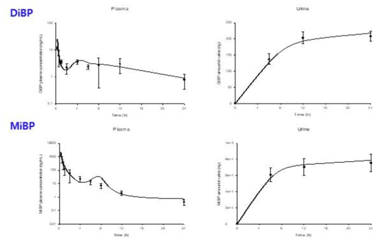 DiBP 10 mg/kg를 랫드에 정맥투여 후 DiBP와 MiBP의 혈중 시간-농도 profile 및 뇨로 배설된 누적 배설량 [실측치(symbol) 및 PBPK core 모델 시뮬레이션 결과(line)]