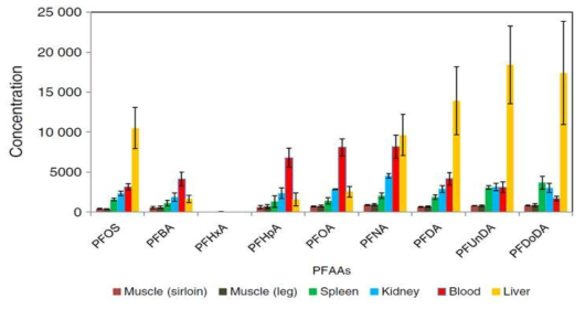 Concentrations of PFAAs in female MMpig blood (ng/ml) and tissues (ng/g) at 21 days after exposure to a single oral dose