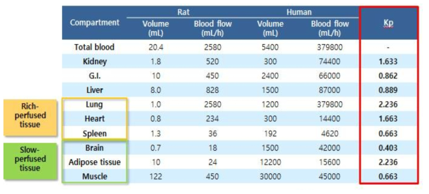 랫드와 인체에서의 생리학적 파라미터 및 Kp value