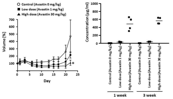 Quantitative graph of tumor volume (%) and plasma concentration of Avastin