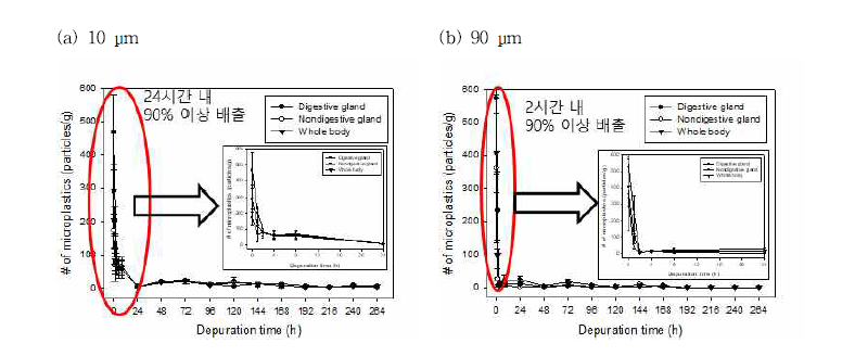 Depuration을 통한 10 μm와 90 μm 미세플라스틱의 시간에 따른 배출량