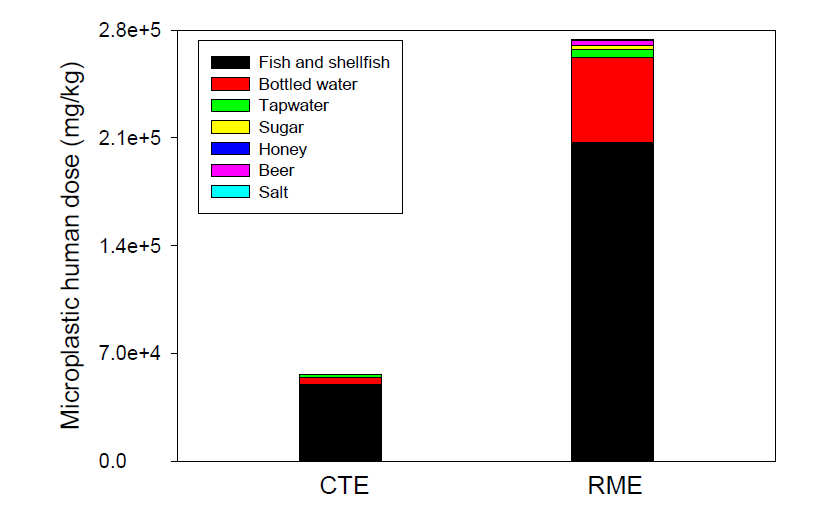 식품/움용수 섭취에 따른 미세플라스틱 노출량(CTE: central tendency exposure, RME: reasonable maximum exposure)