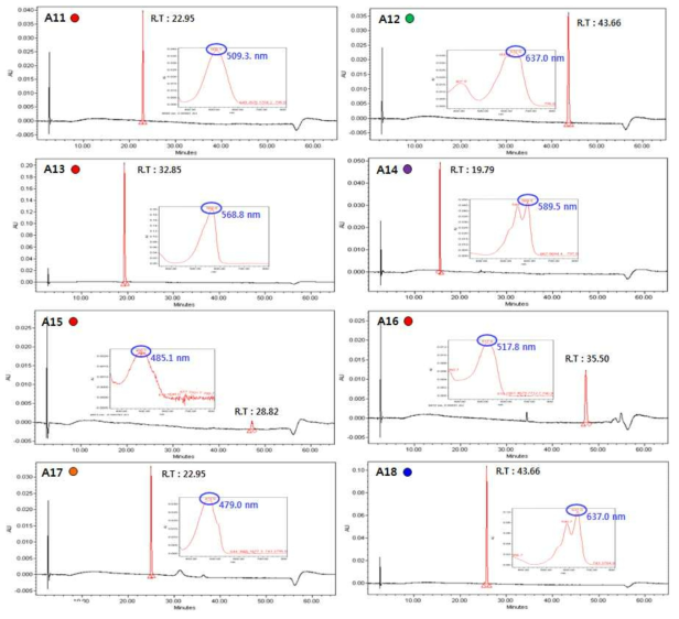분석대상 착색료 개별 크로마토그램 및 파장 (그룹 A11-A18)