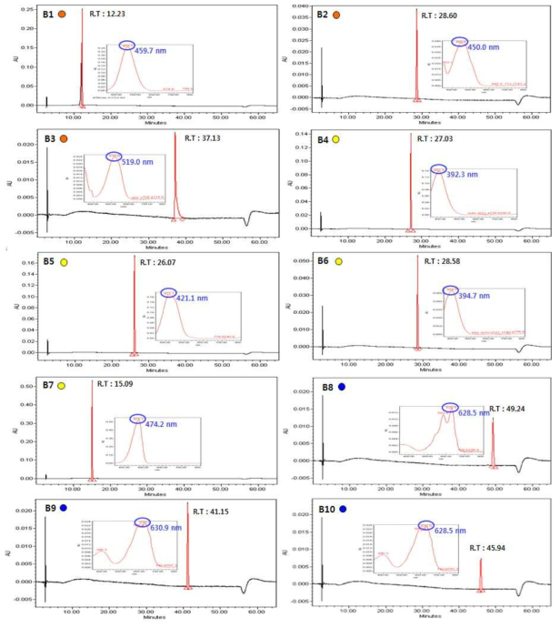 분석대상 착색료 개별 크로마토그램 및 파장 (그룹 B1-B10)