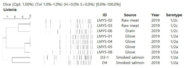 Analysis of PFGE patterns of L. monocytogenes isolated from raw meat, slaughterhouse and smoked salmon