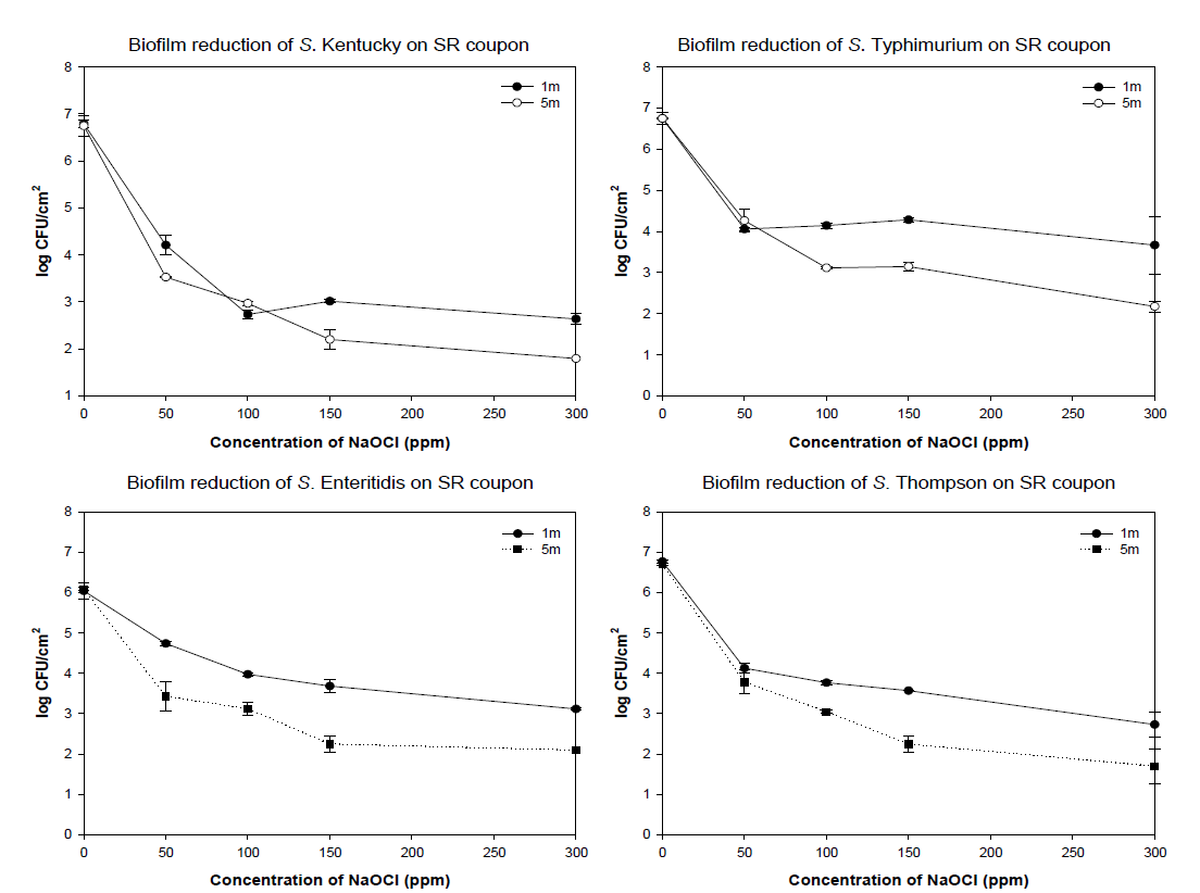 The effect of NaOCl against biofilms of Salmonella spp. on SR coupon