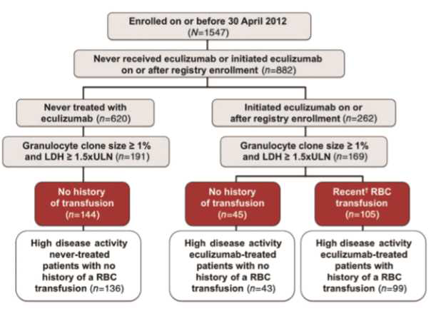 STROBE diagram of patients in total study population and high disease activity subgroup. (†) De fined as ≥1 transfusions in the 6 months prior to eculizumab initiation. LDH, lactase dehydrogenase; RBC, red blood cell; ULN, upper limit of normal