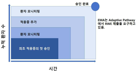 Adaptive Pathway를 통한 의약품 승인과정 출처: IQVIA, Senthi Sockalingam, Current and Future Use of Real World Evidence by Healthcare Industry 자료를 바탕으로 재구성