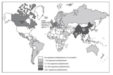 FDA에 등록된 해외 의약품 제조 업소들의 지역별 분포 출처) Richard L. Friedman, University of Georgia GMP Conference (2011)