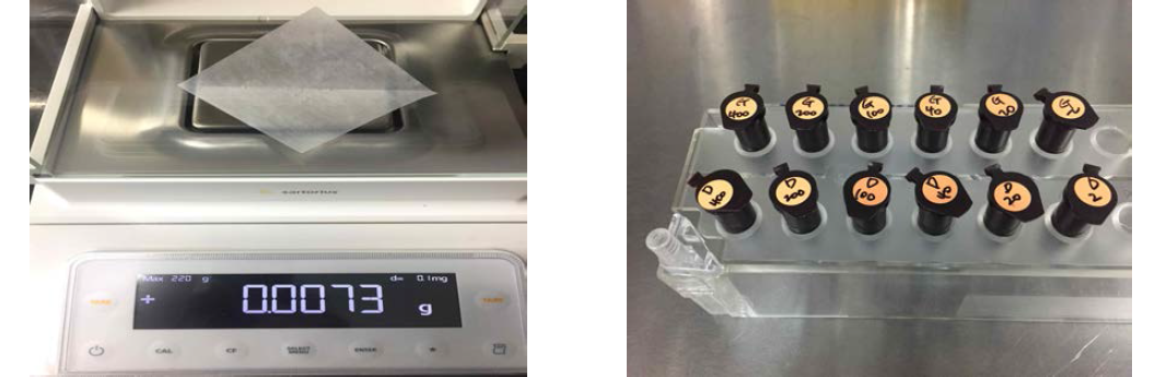 고체물질은 저울을 이용하여 칭량하고(왼쪽), 표준원액 조제 후 세포배양배지를 이용해 시험용액을 조제한다(오른쪽)