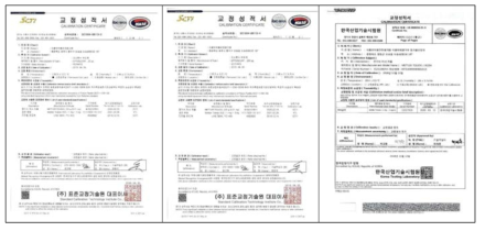 교정받은 시험 장비에 대한 교정성적서
