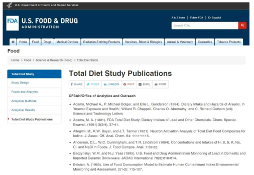 미국식품의약국(FDA)에서 발표되고 있는 총 식이조사 관련 연구 자료 (http://www.fda.gov/food/foodscienceresearch/totaldietstudy/ucm184634.htm)