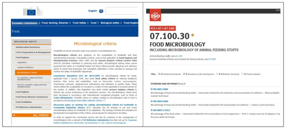 유럽연합 집행위원회 식품위생(좌)과 ISO 식품미생물 시험법(우) 웹페이지