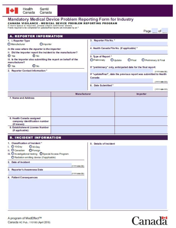 Canada Mandatory Medical Device Problem Reporting Form for Industry-1/2