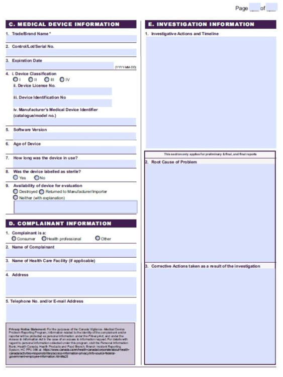 Canada Mandatory Medical Device Problem Reporting Form for Industry-2/2