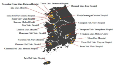 국내에서 2018년 현재 운영중인 의료기기안전성정보모니터링센터 현황 (인용; 권범선 Medical Device Adverse Event Reporting in Korea and Operational Experience of Medical Device Safety Monitoring Center(MDSMC), 2018 AHC-NIDS MDV CoE Pilot Training)