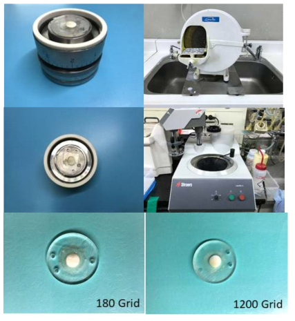 시편연마에 사용한 금속 시편홀더와 연마기계