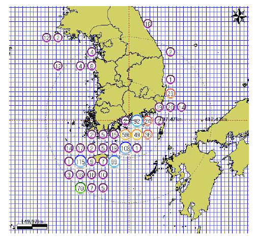 주간수산정보의 출어선 현황 중 위경도별 출어선 현황