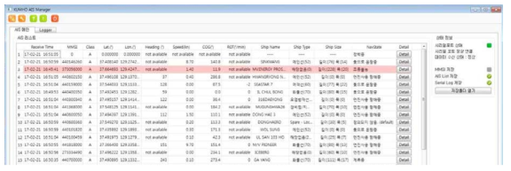 AIS와 연결되어 선박의 정보가 출력되는 모습