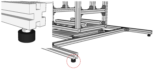 캘리브레이터 base 부 레벨링풋. 높이 조절이 가능하도록 설치하여 바닥과 캘리브레이터의 수평조절이 가능하도록 설계