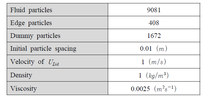 Lid-Driven Cavity Flow 입자 수 및 주요 해석 조건