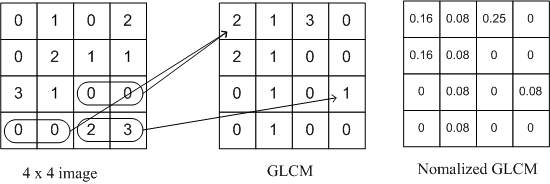 수평 각도 0° GLCM 계산 과정의 예시