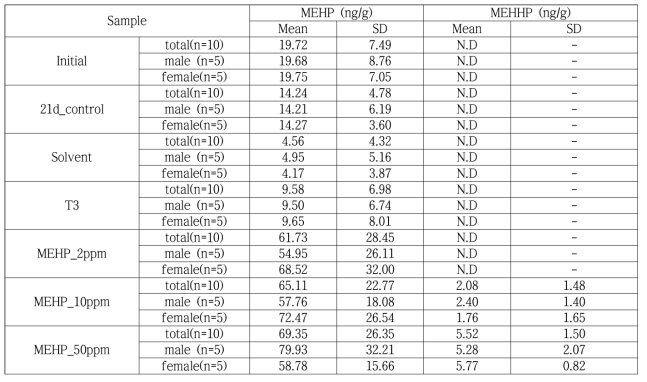 Zebra fish 중 MEHP와 MEHHP의 함량 분석 결과