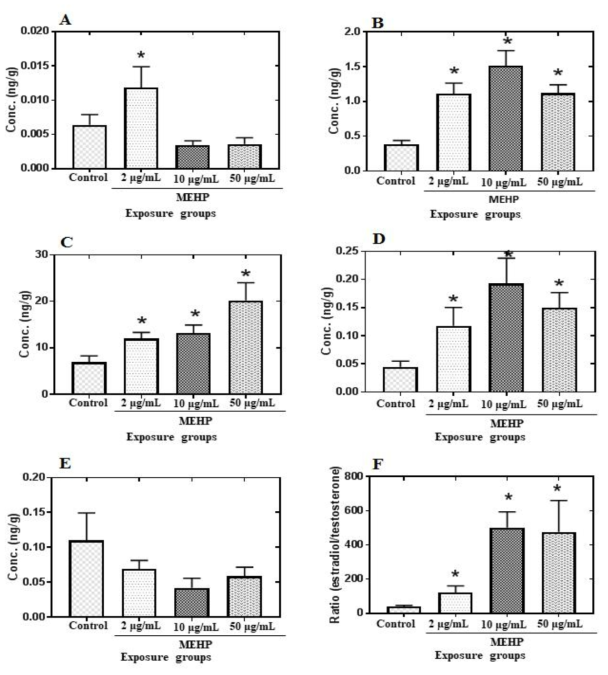 MEHP 노출에 의한 zebrafish 내 steroids 호르몬 변화(A: testosterone, B: 17β-estradiol, C; progesterone, D: cortisol, E: 11-ketotestosterone, F: metabolic ratios of testosterone to 17β-estradiol)