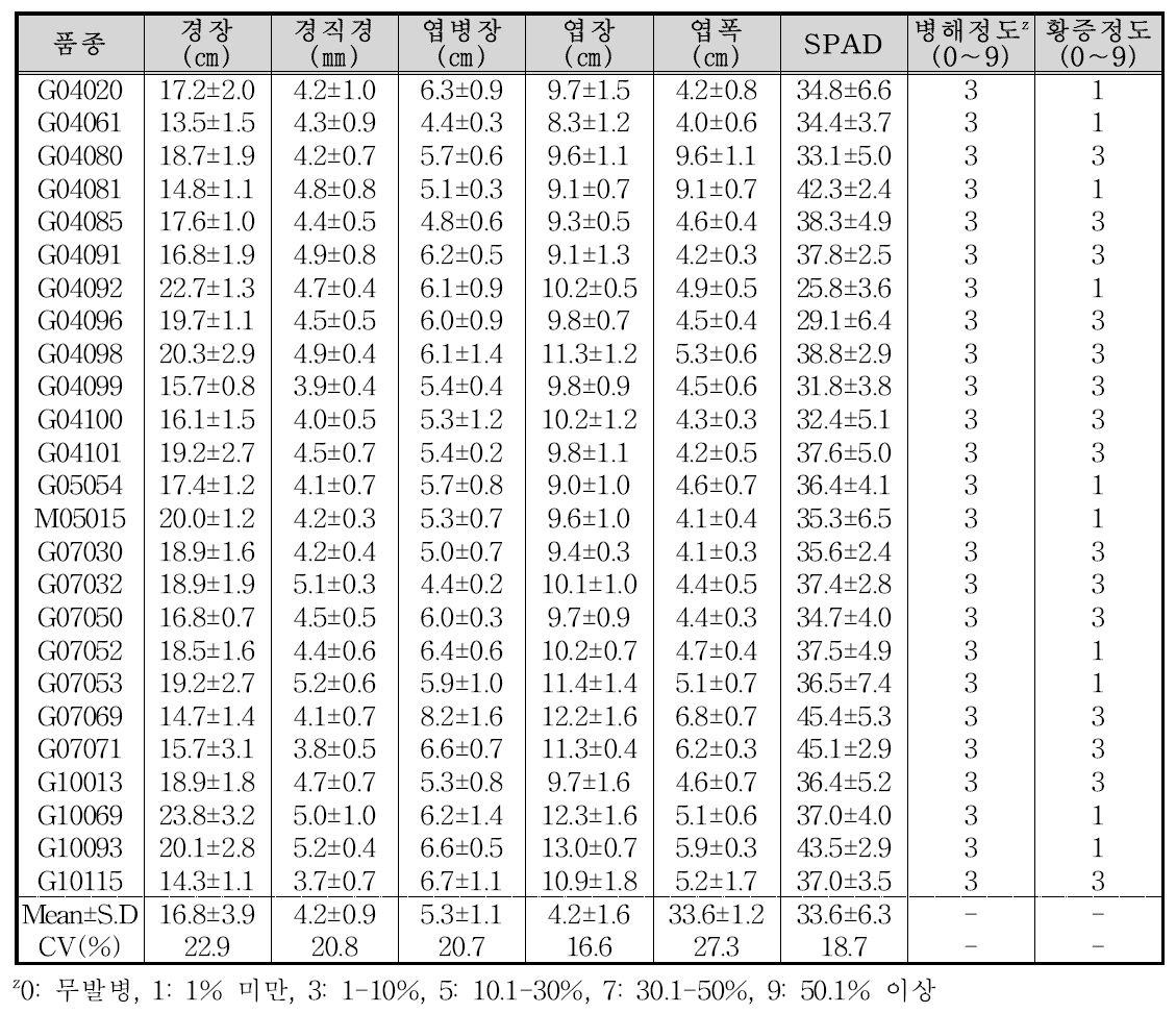 논재배 직파 시 주요 우량계통의 생육 및 생리장해 정도(3년생, 4년차)